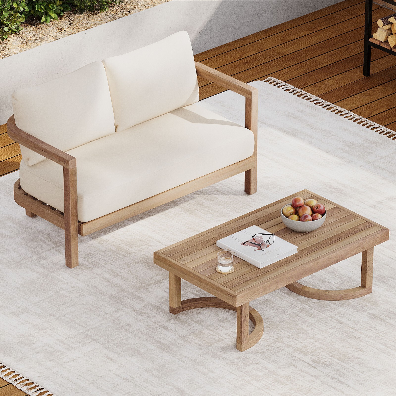 Outdoor Acacia Wood Loveseat and Coffee Table with Cushions