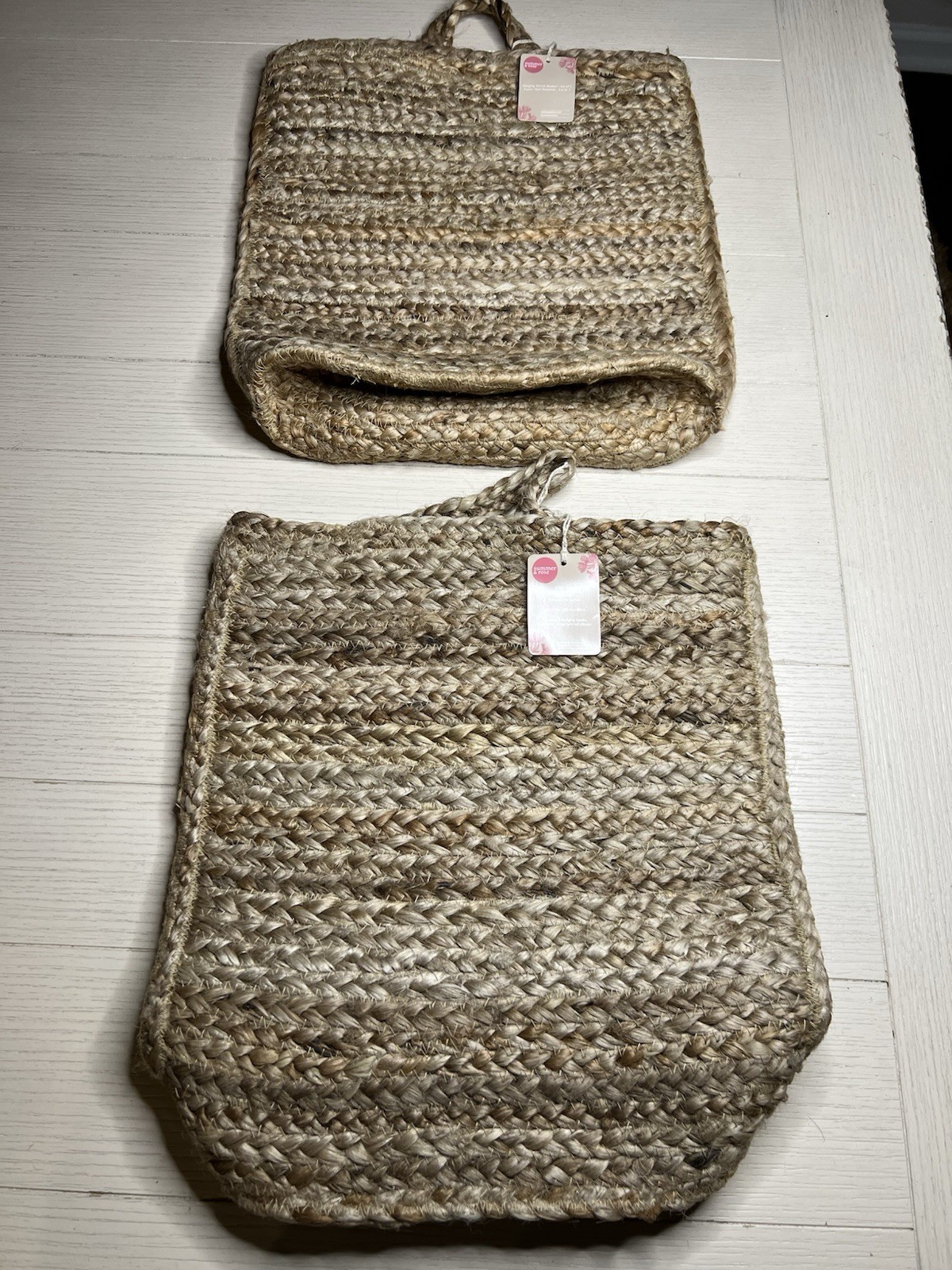 Set Of 2 Handwoven 100% Jute Wall Hanging Baskets Storage With Hardware NOS