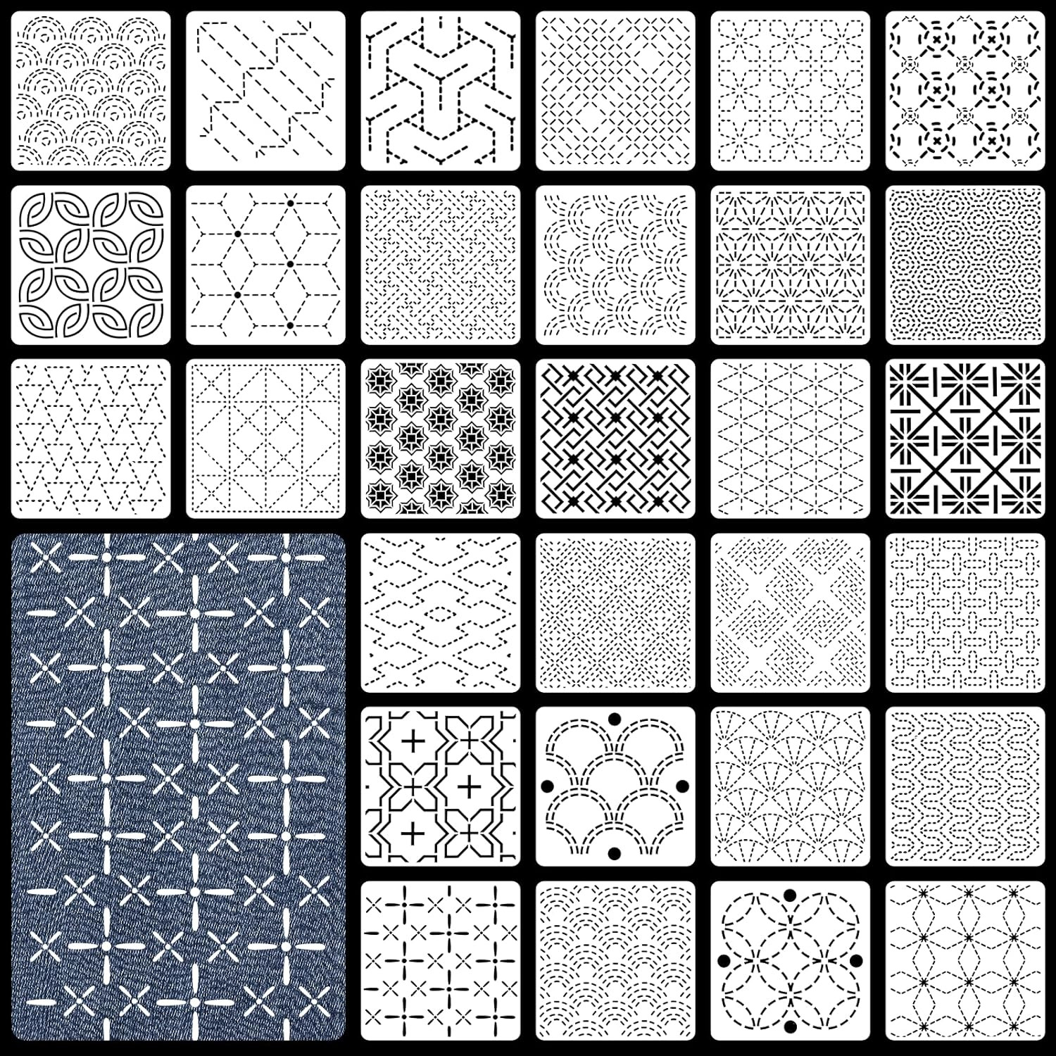 30 Pcs Plastic Sashiko Stencil 4.7 X 4.7 Inch Geometric Sashiko Pattern Template