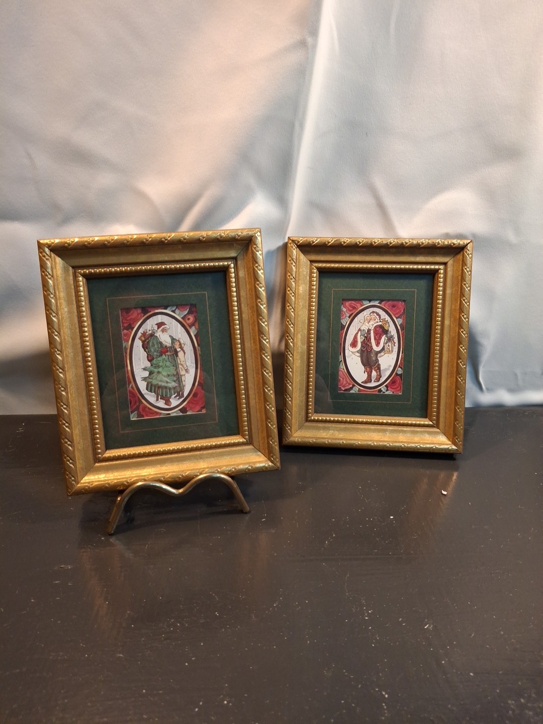 Set Of 2 Small Gold Framed Santa Art  6.5" X 5.5"