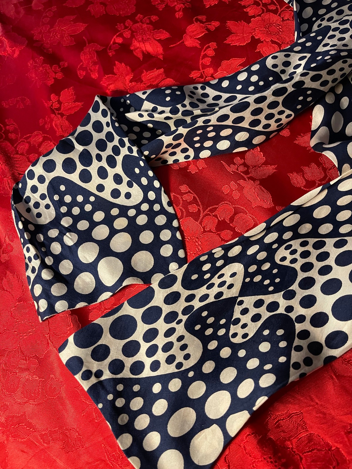 Silk Scarf Reversible Navy and Cream Polka Dot Patterns