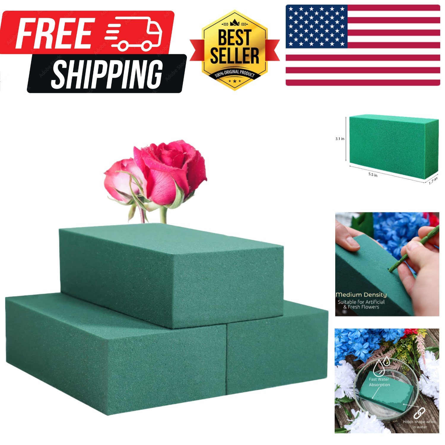 Pack of 3 Floral Foam Blocks Each 5.5"L x 3.1"W x 1.7"H Green Wet & Dry Flowe...