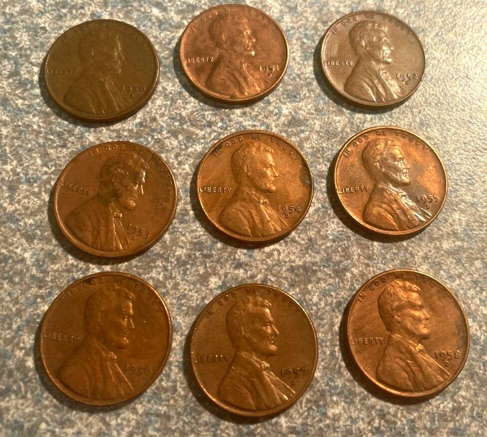 Complete Rare 1950's D Wheat Penny Set, 1950 - 58, 9 coins
