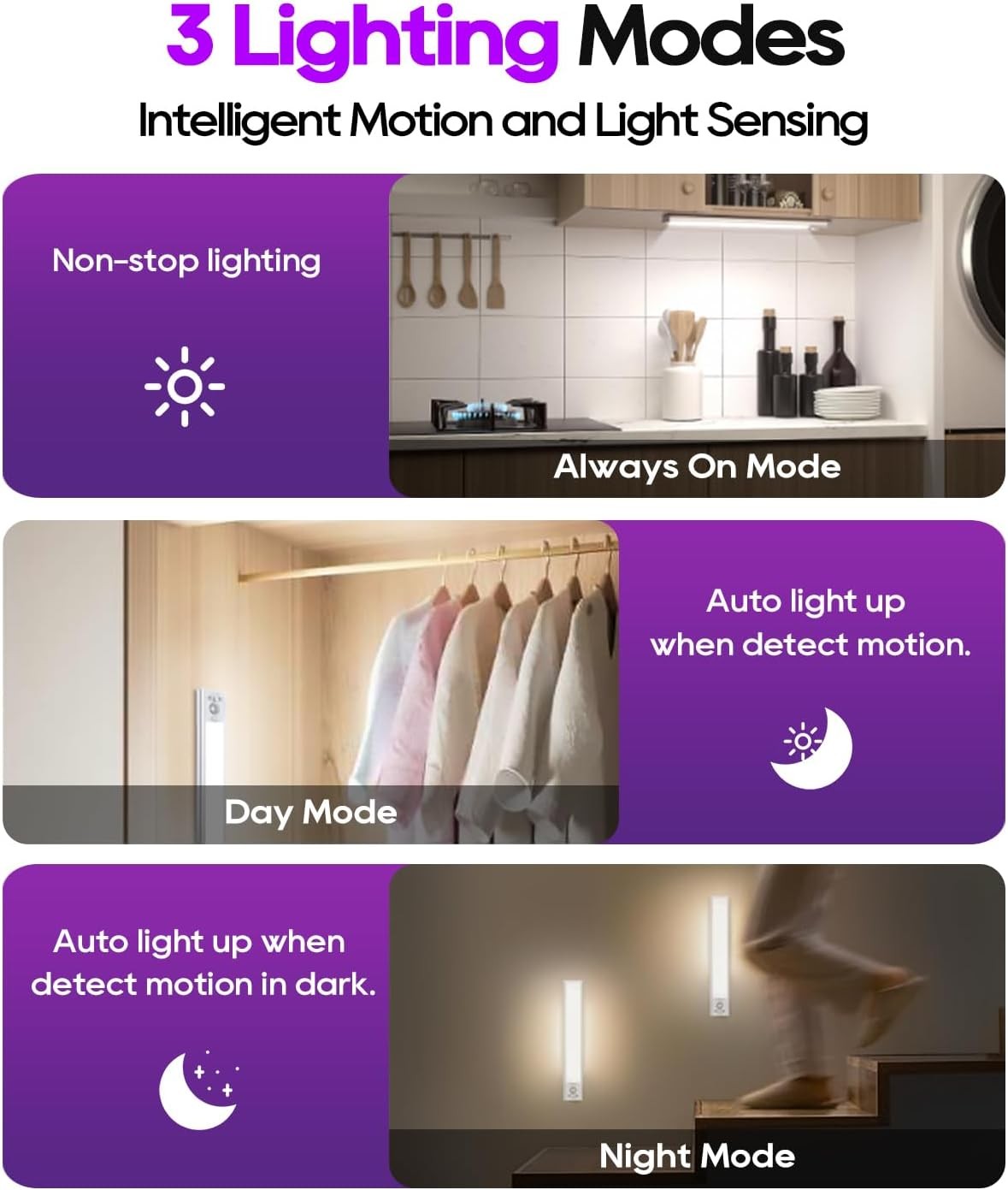 4 Pack 12in Under Cabinet Lights 3 Color Motion Sensor Dimmable 84LED 3 Modes