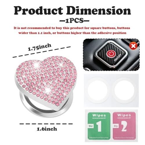 Bling Push Start Button Cover with Rhinestone,Heart Push to Start Button Pink