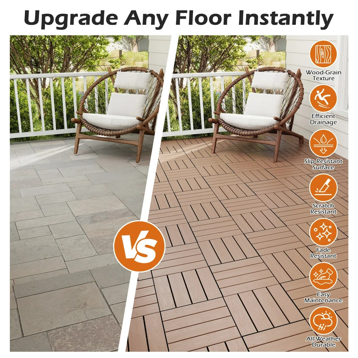 27Pcs HDPE Interlocking Deck,Waterproof Snap-Together w/Drainage Design,Brown
