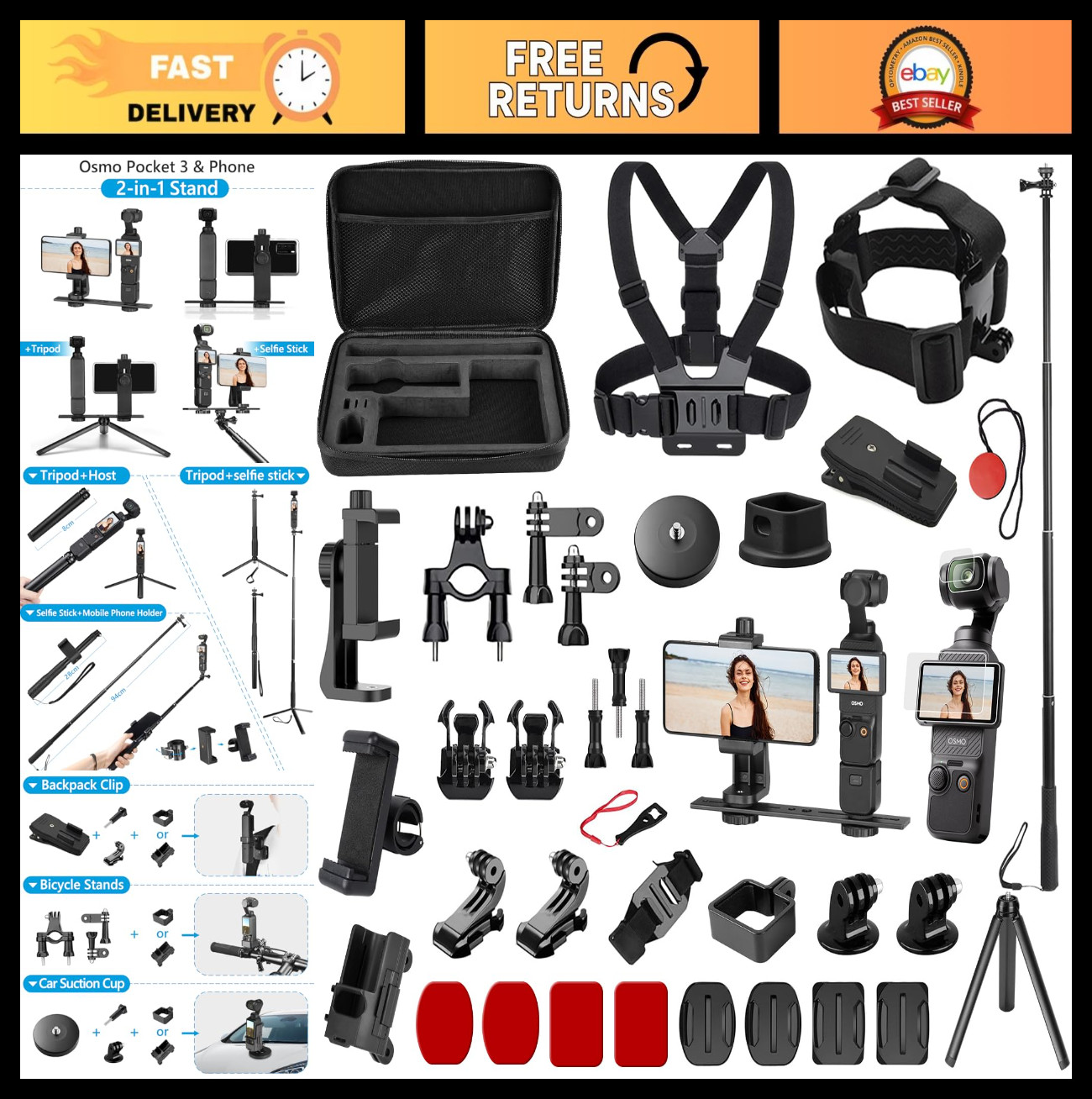 OSMO Pocket 3 Accessories Kit - 2-in-1 Stand, Hard Shell Case, Tripod & More