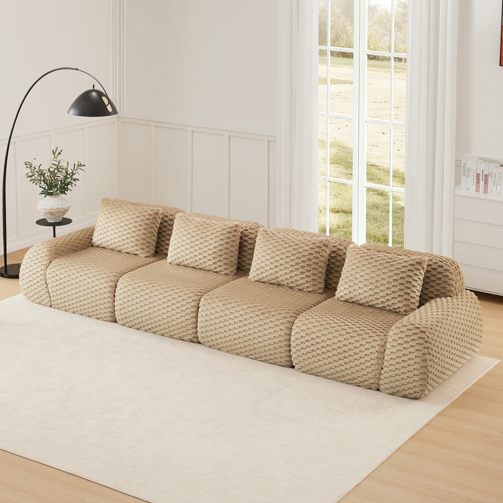 146" Modular Sectional Sofa w/ Flannelette Fabric, 4-Seater, Light Camel