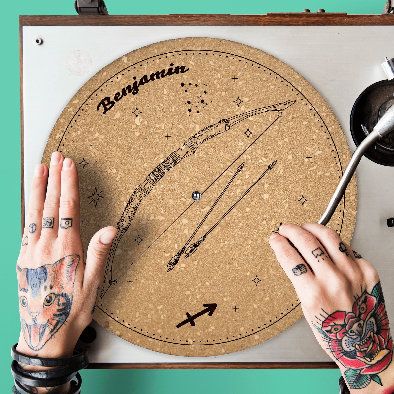 Cork Turntable Slipmat Quetzal Studio Custom Sagittarius Laser Engraved
