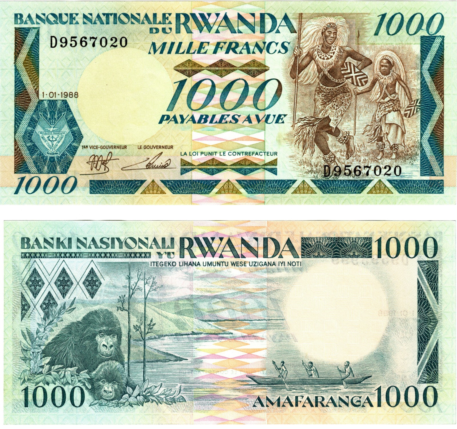 1988 Rwanda 1000 Francs P21 Banknote Amafaranga UNC