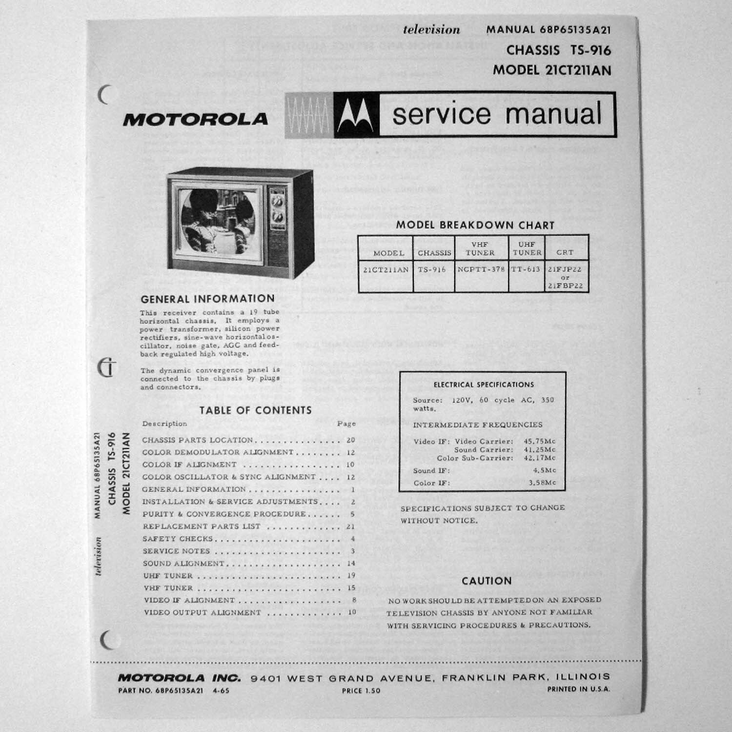 Motorola ® Model 21CT211AN Chassis TS-916 TV Television Service Manual © 1965