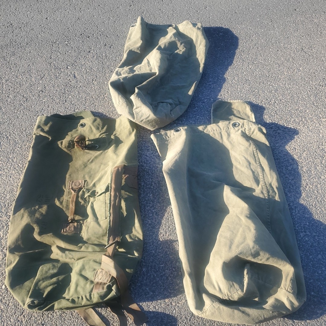 Lot 3 Vintage US Military Duffle Bag Green Single Strap Canvas Top Load 36”