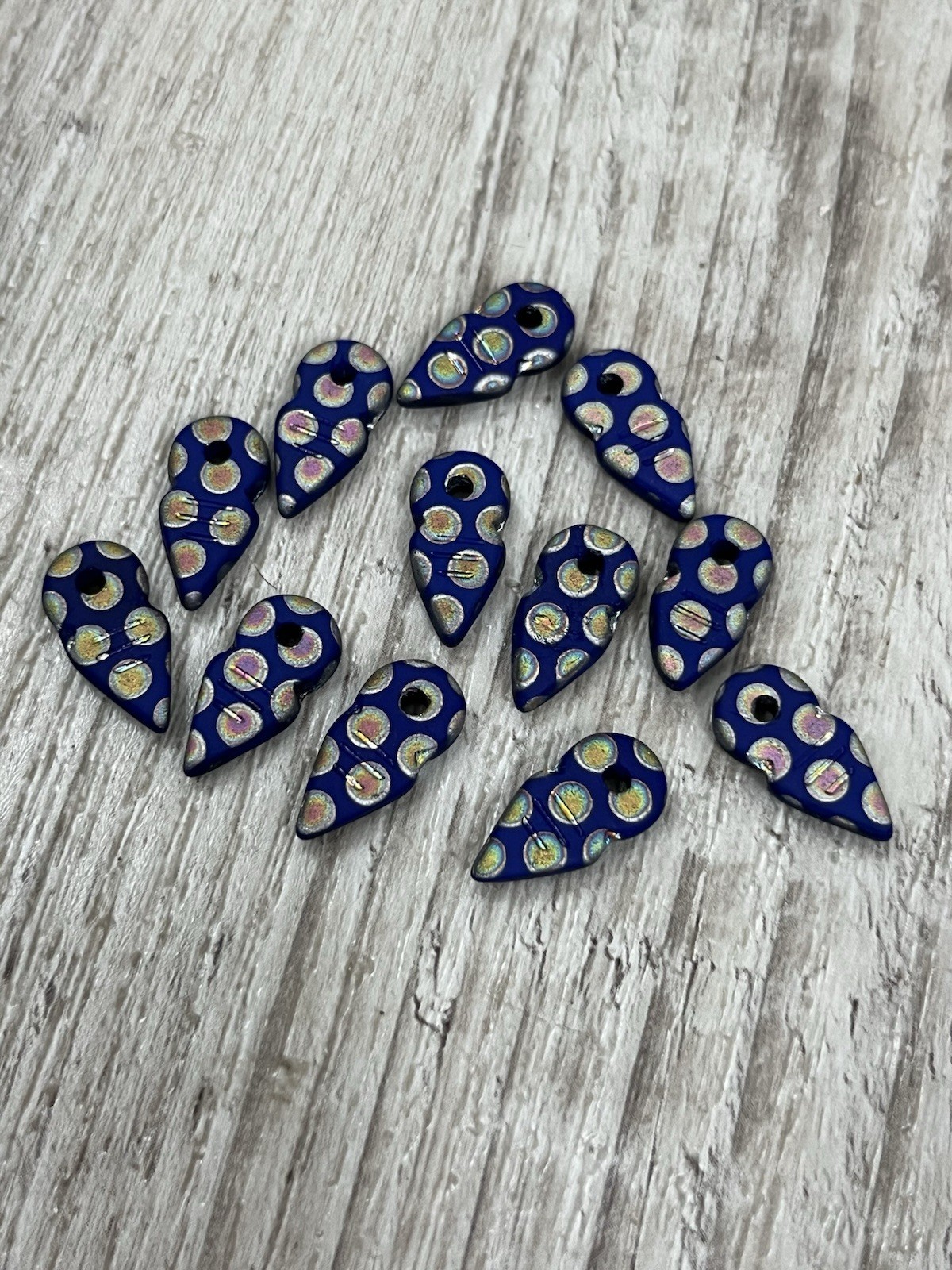 VINTAGE Old Stock Cobalt Blue Dot Iridescent Art Glass BEAD Exact Lot Of 12