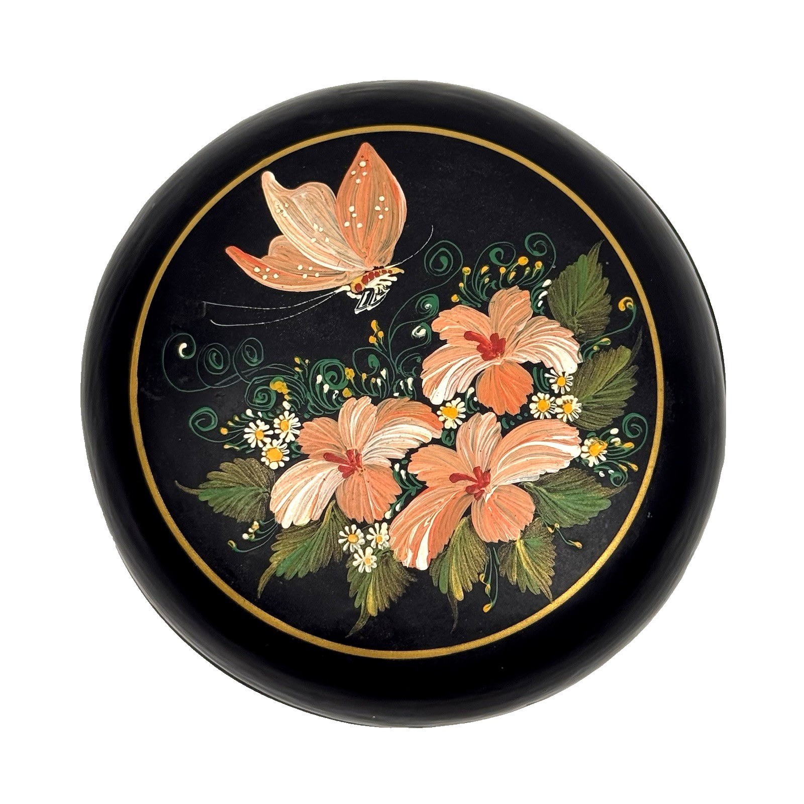 Vtg  Round Trinket Box Lidded Black Lacquer Hand Painted Floral Slavic Folk Art