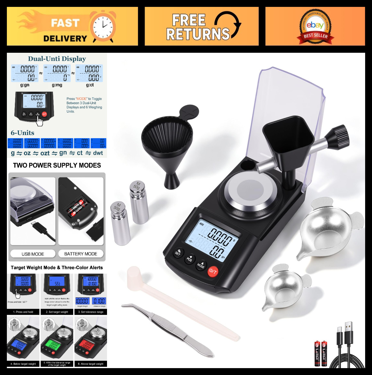 Precision Digital Reloading Scale 100g/0.001g - Grain & Milligram Weighing, USB-