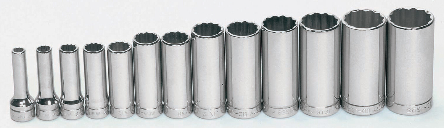 13pc 3/8" Drive 1/4 - 1" Deep 12 Point Chrome Socket Clip Rail Set Williams USA