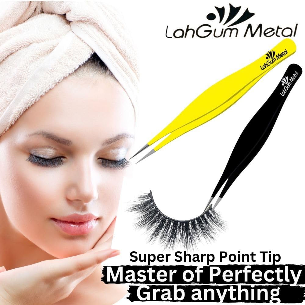 Super Sharp Pointed Tweezers Precision Fine Point Tip Ingrown Yellow & Black