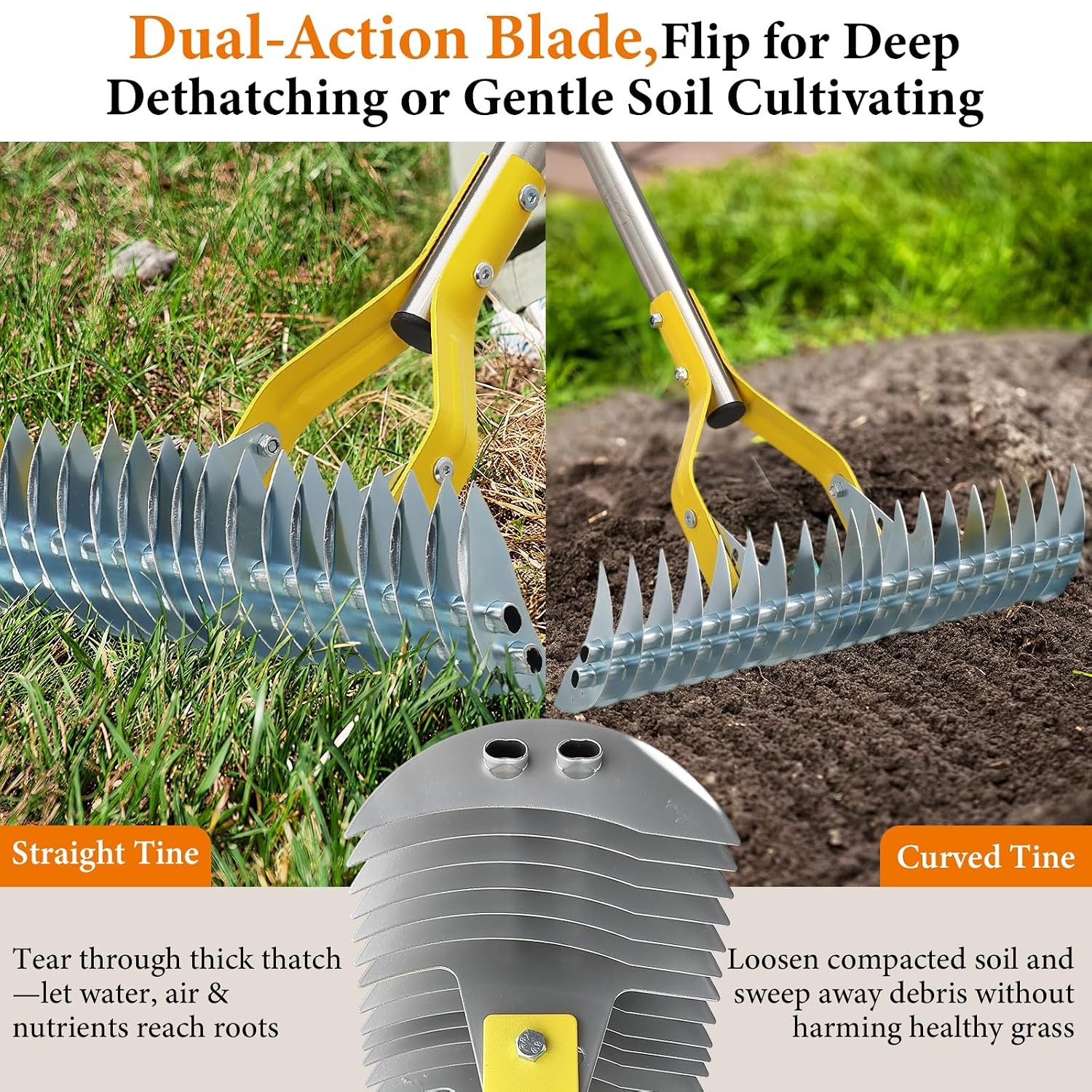 Heavy Duty Dual Sided 70" Sharp Thatch Rake for Lawns Dethatching Tool