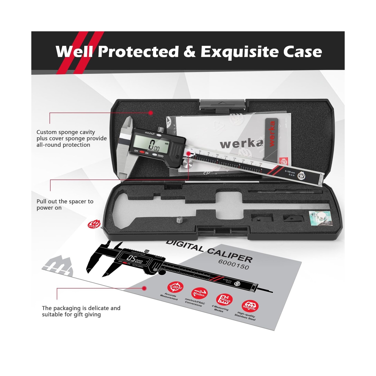 werka Digital Caliper, 0-6” Calipers Measuring Tool, Auto-Off Micrometer C