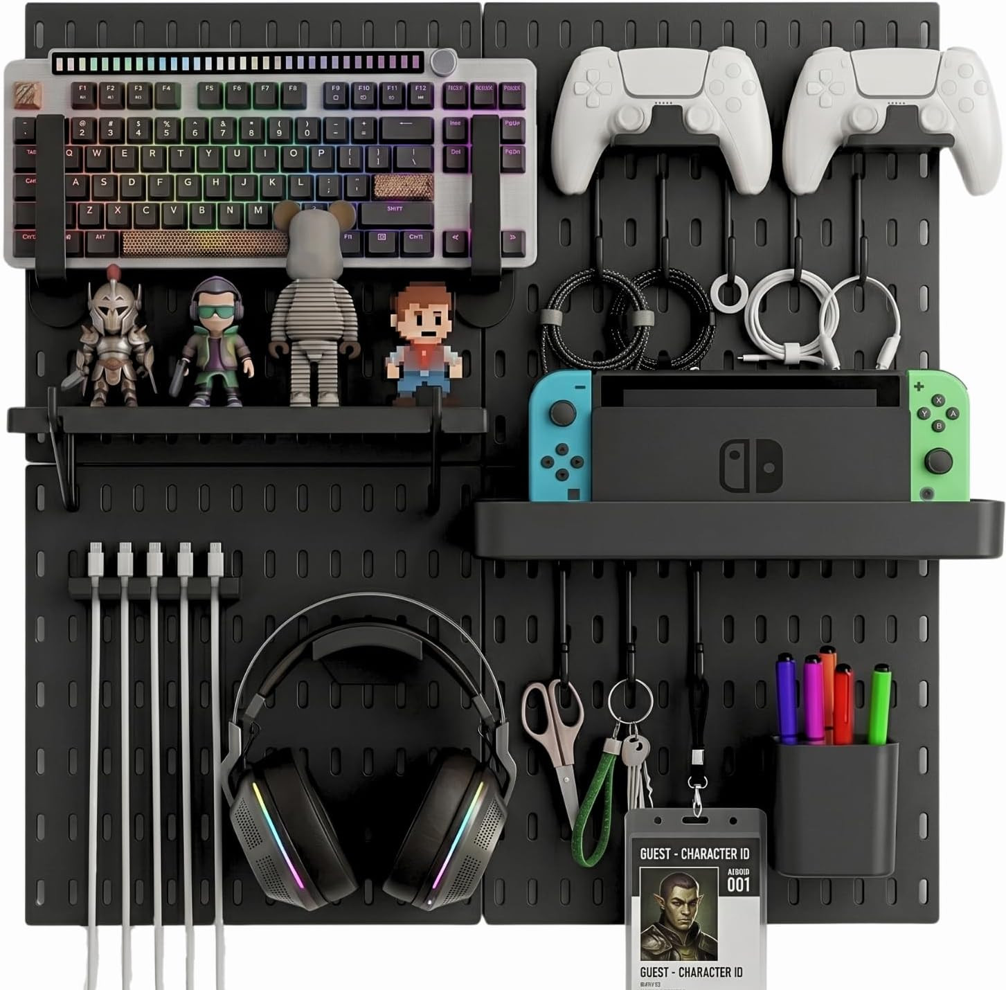 Pegboard Wall Organizer Gaming Setup Desk Kit Hooks Bins Headset Cable Holder