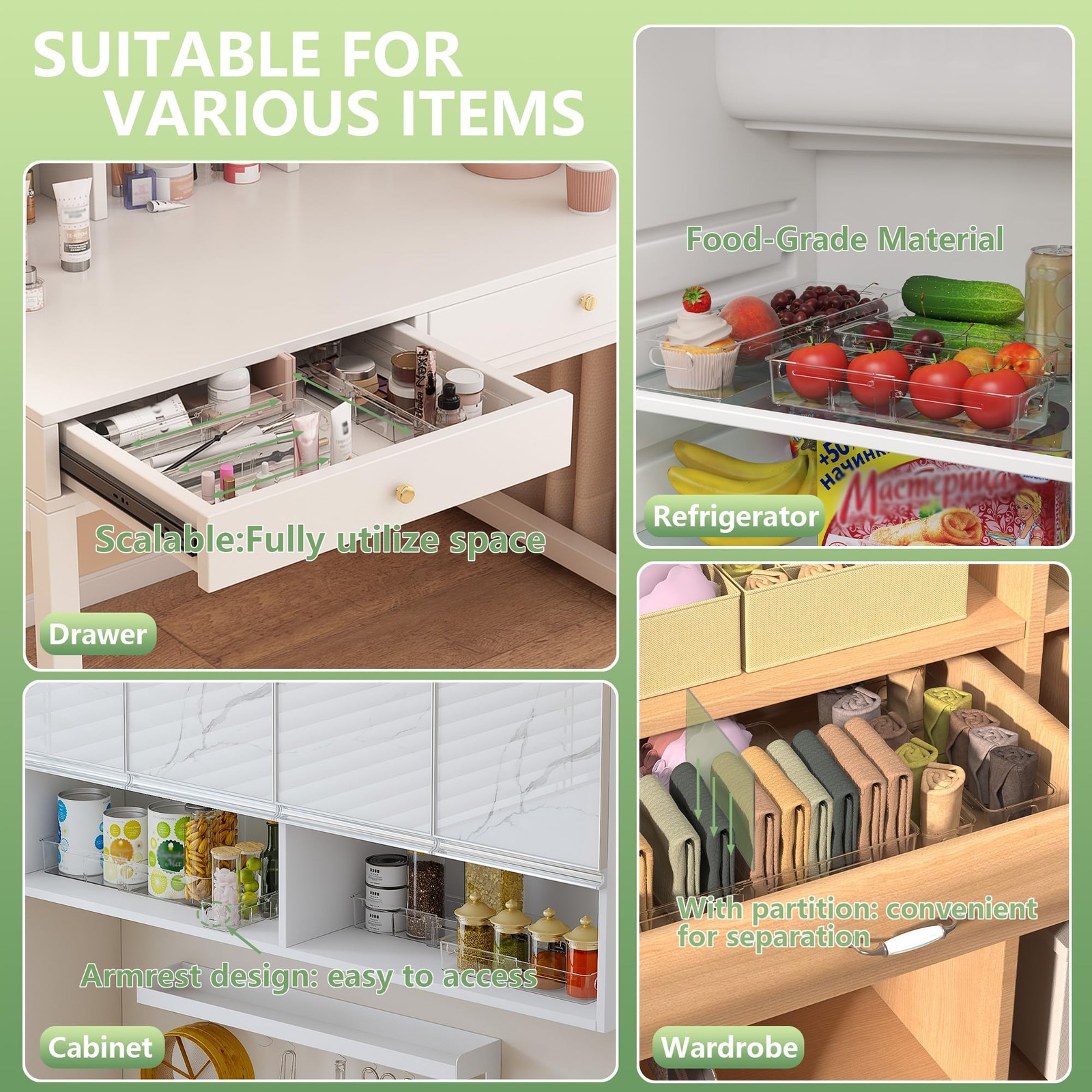 4-in-1 Expandable Drawer Organizer Set, Adjustable Clear Bins