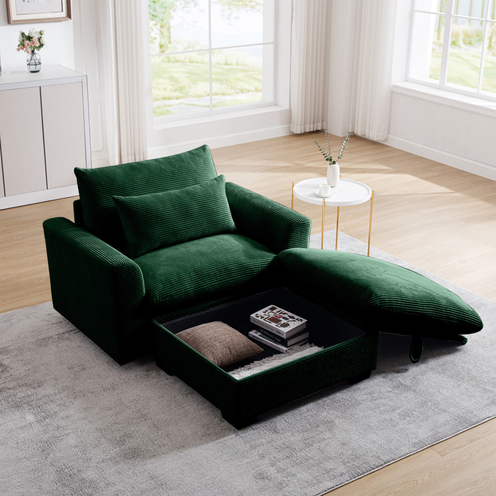 Green Corduroy Modular Sofa with Storage Ottoman, Deep Seat
