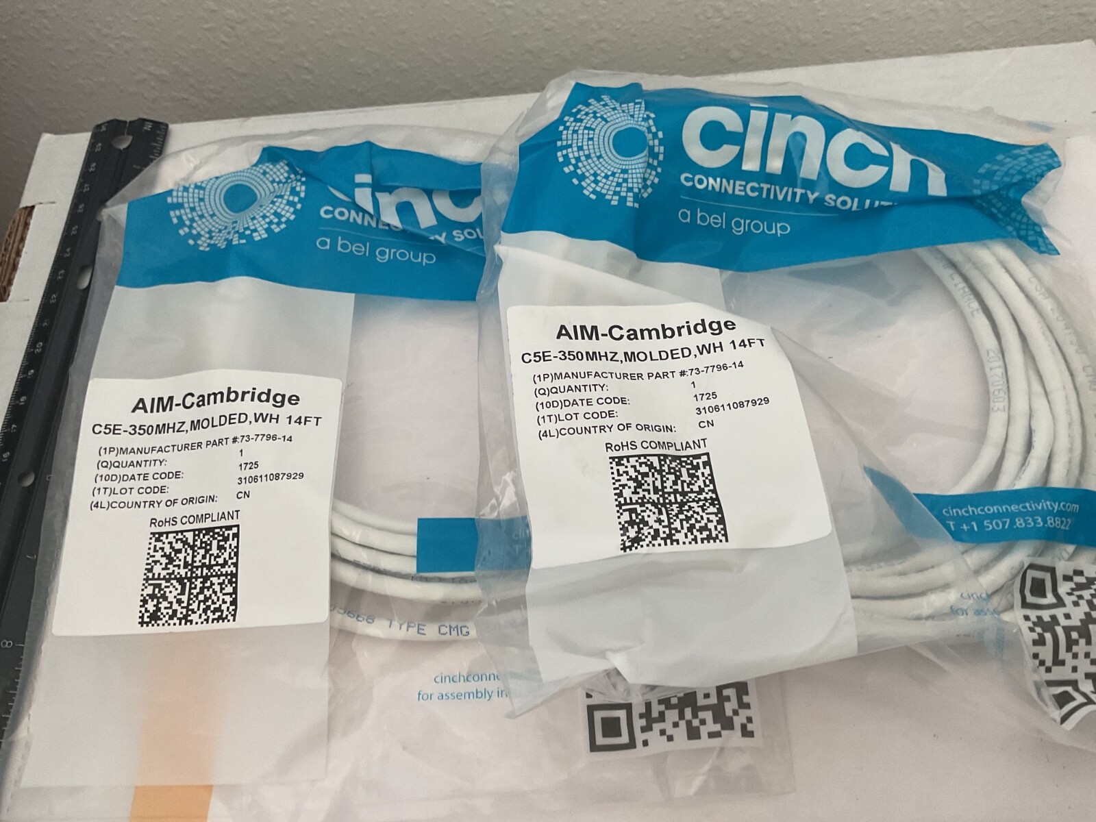 New Qty (2) Cinch Connectivity 73-7796-14, Ethernet Cord 14', White, RJ45 Plugs