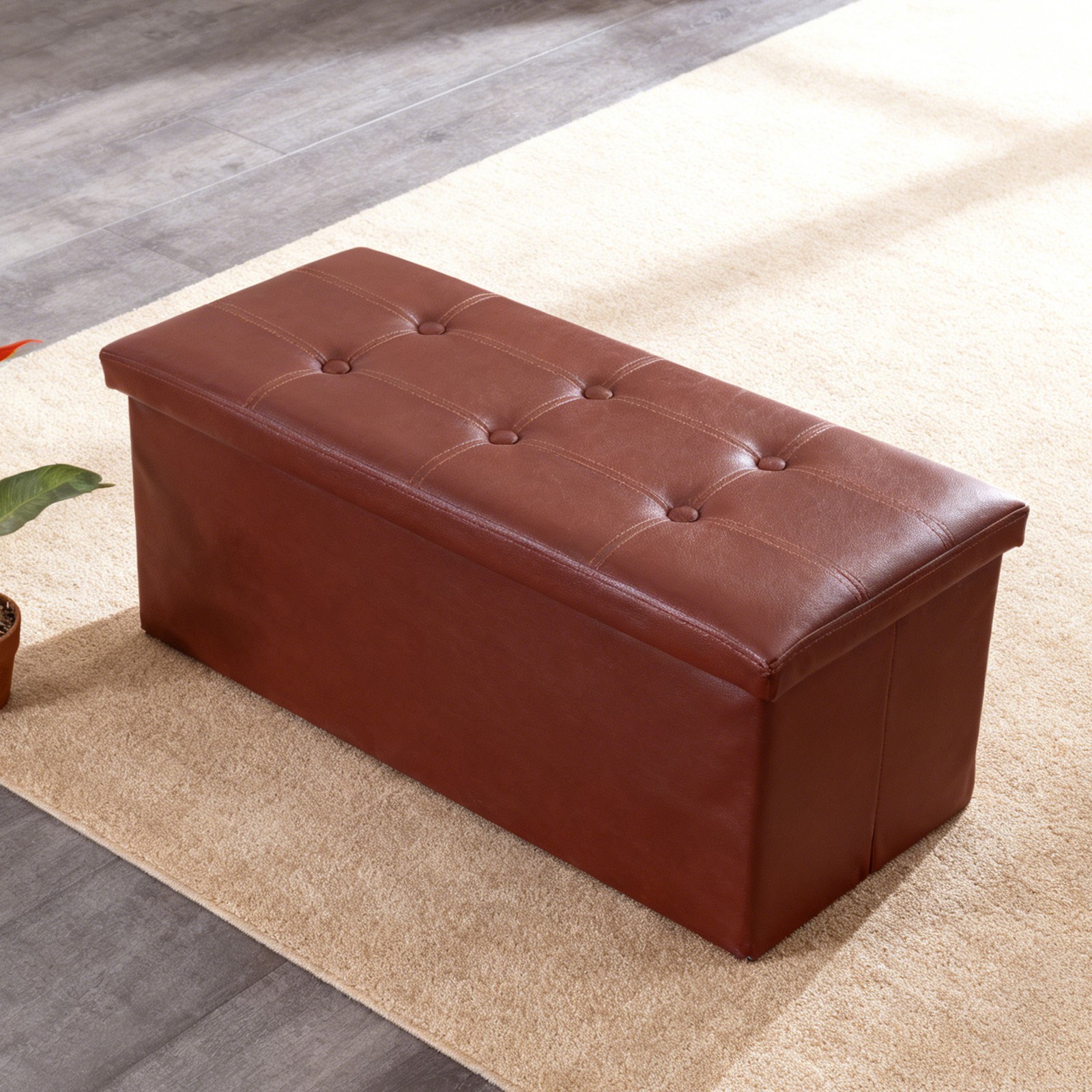 Brown Sturdy Ottomans Foot Bench Foldable Storage Footstools Spacious Organizer