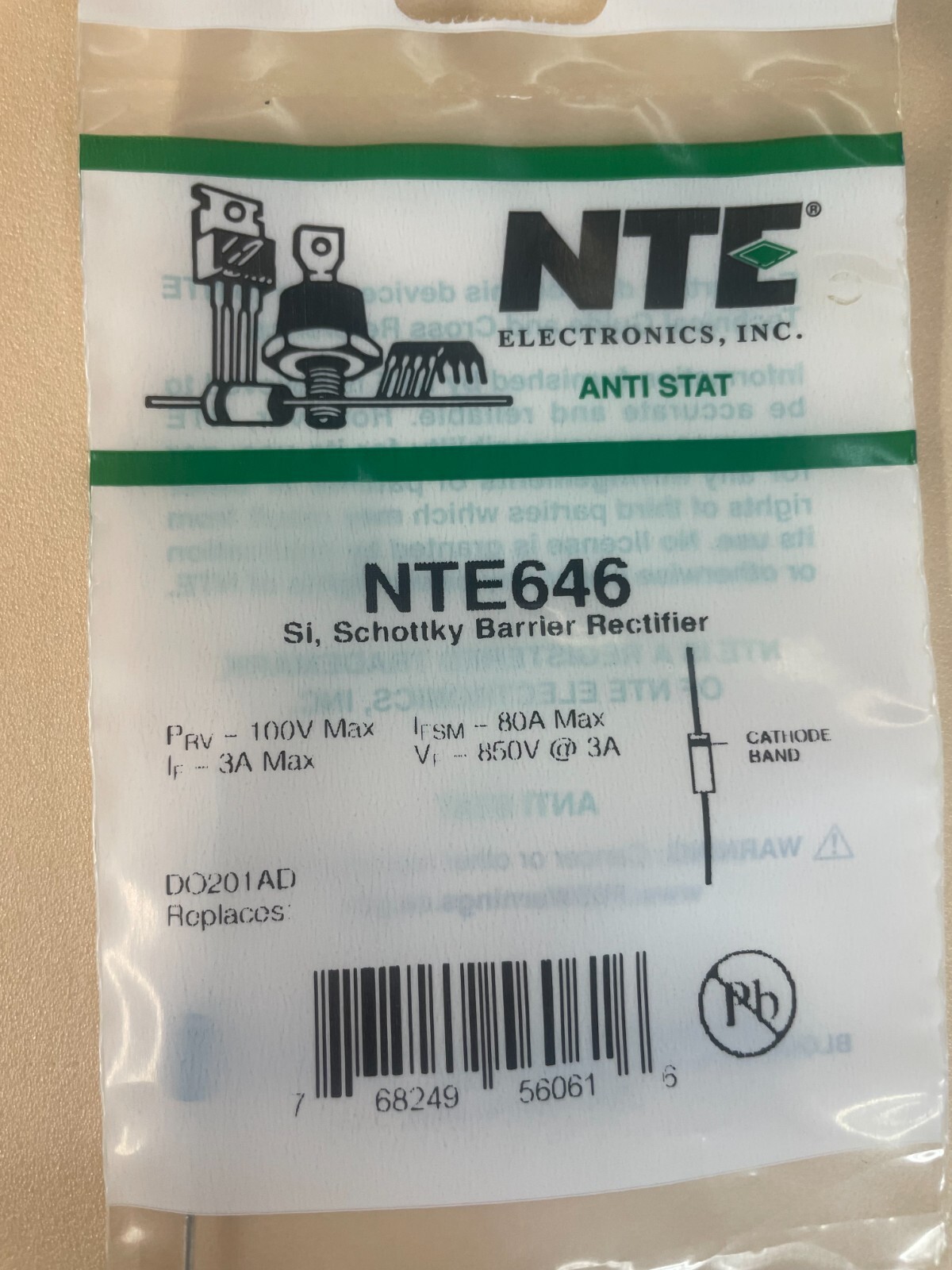 NTE Electronics NTE646 RECTIFIER SCHOTTKY BARRIER 100V 3A INVERTER DO-201AD CASE