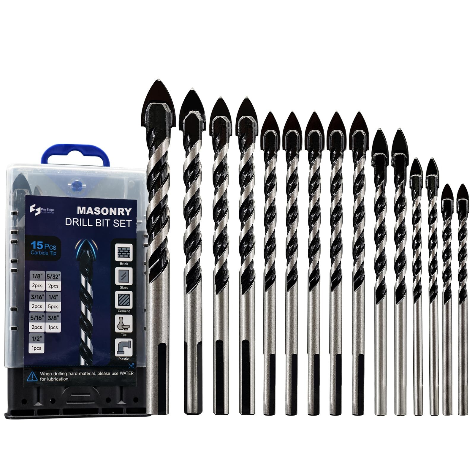 Pro Edge 15PCS Masonry Drill Bit Set, 1/8" to 1/2" Carbide Drill Bits Set Ind...