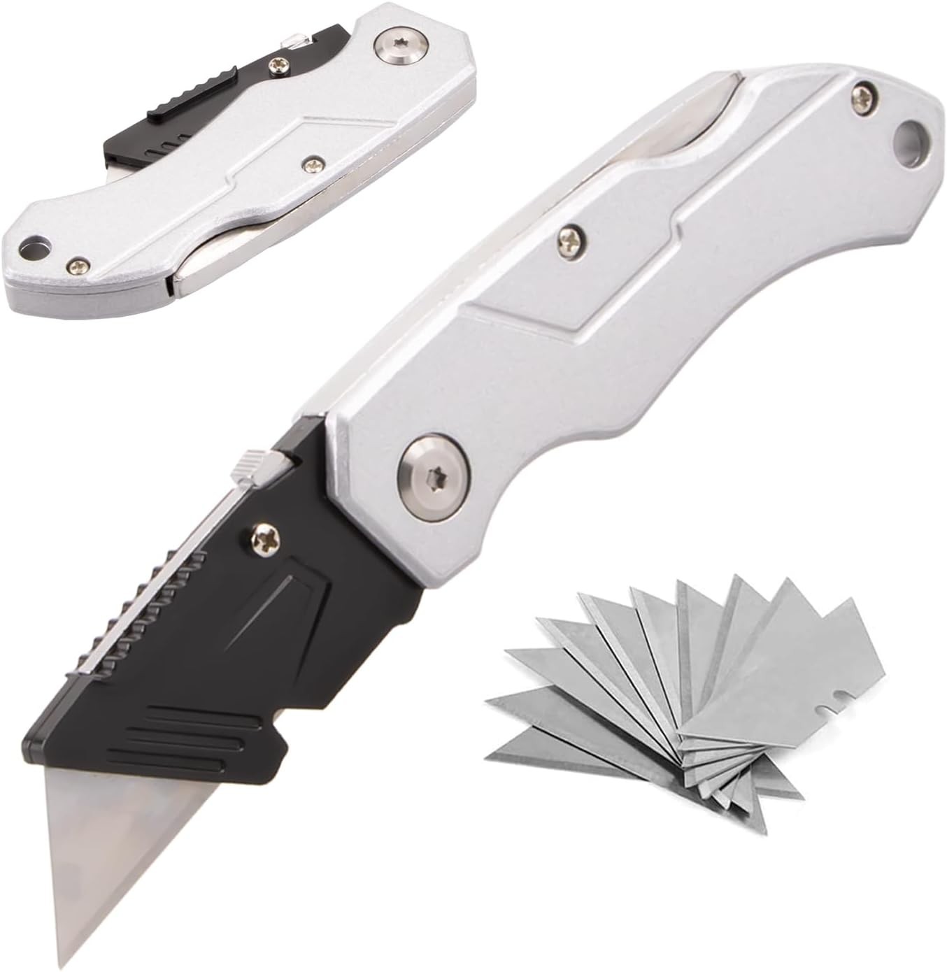 Heavy Duty Folding Utility Knife with 10 Extra Blades, Box Cutter with Belt Clip
