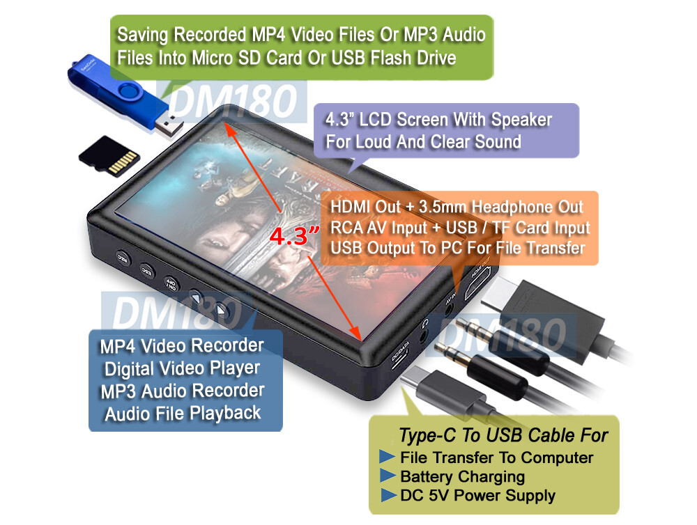 Portable Digital Video Recorder Player W/ HD 1080P RCA AV Output 4.3" LCD Screen