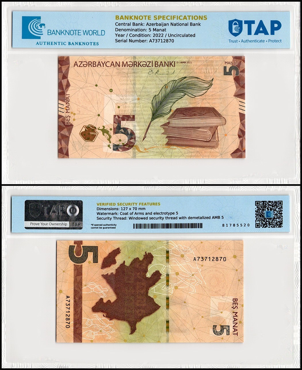 Azerbaijan 5 Manat, 2022, P-39a.2, UNC, TAP Authenticated