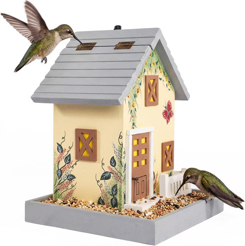 MEWANG Outdoor Hanging Bird Feeder, Decorative Wooden House Light Yellow
