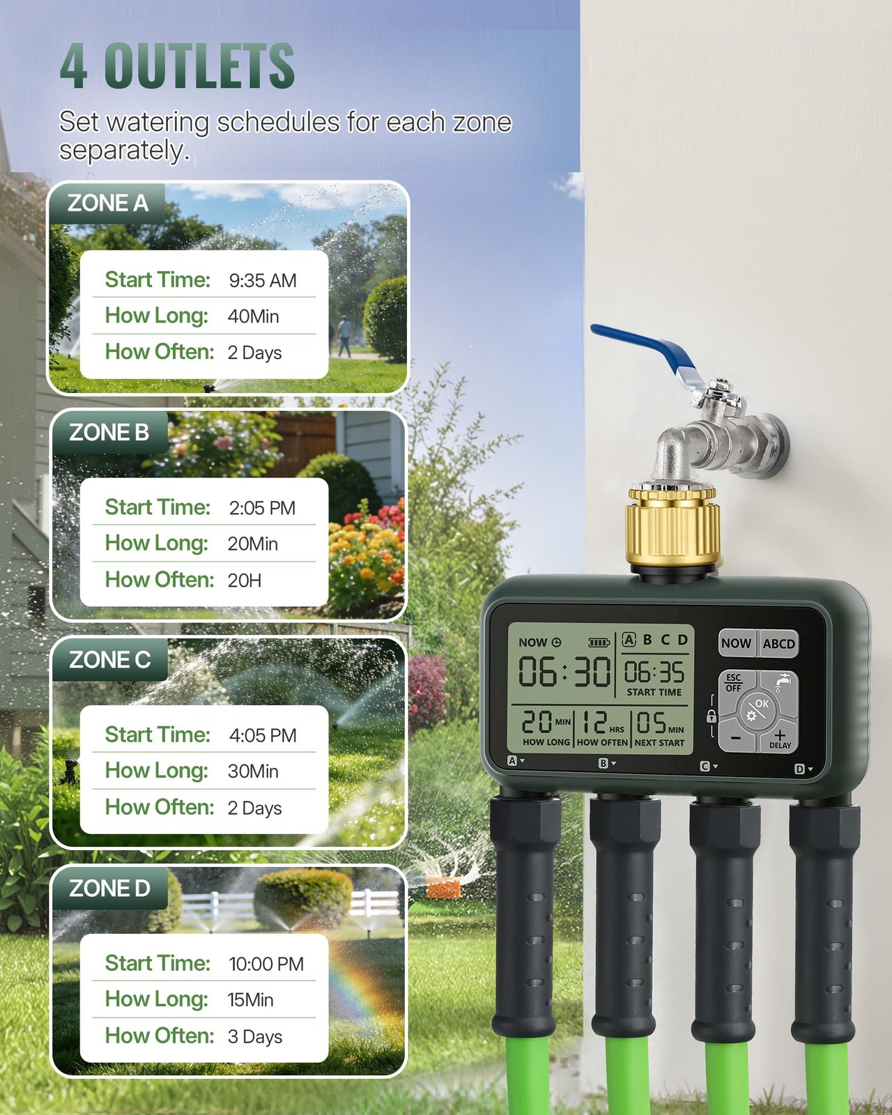 4 Zone Brass Sprinkler Timer Automatic Garden Irrigation System with Rain
