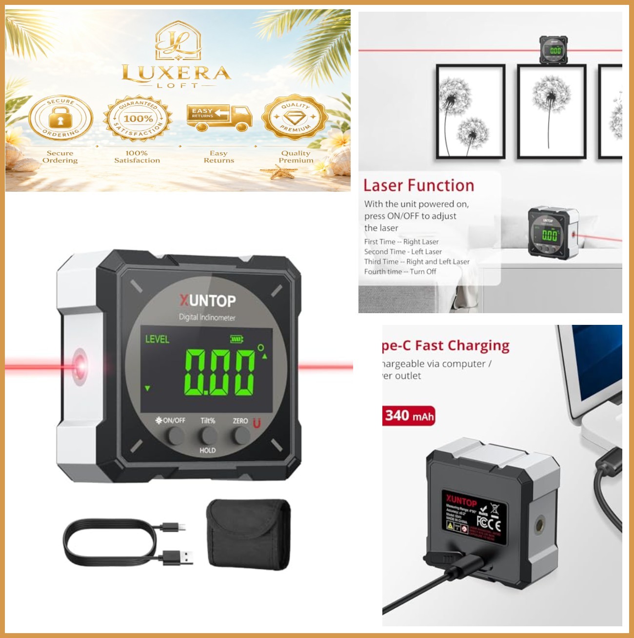 Digital Angle Finder Laser Level 4-Side Magnetic Gauge USB-C Rechargeable