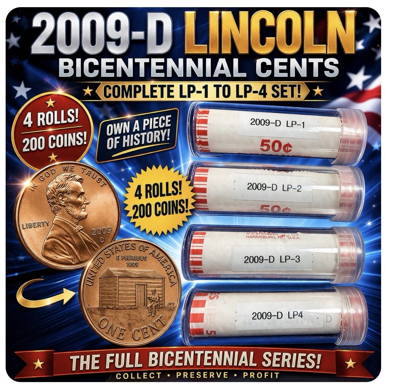 2009-D Lincoln Bicentennial Cent Rolls Set LP1-LP4 BU OBW Denver Mint.
