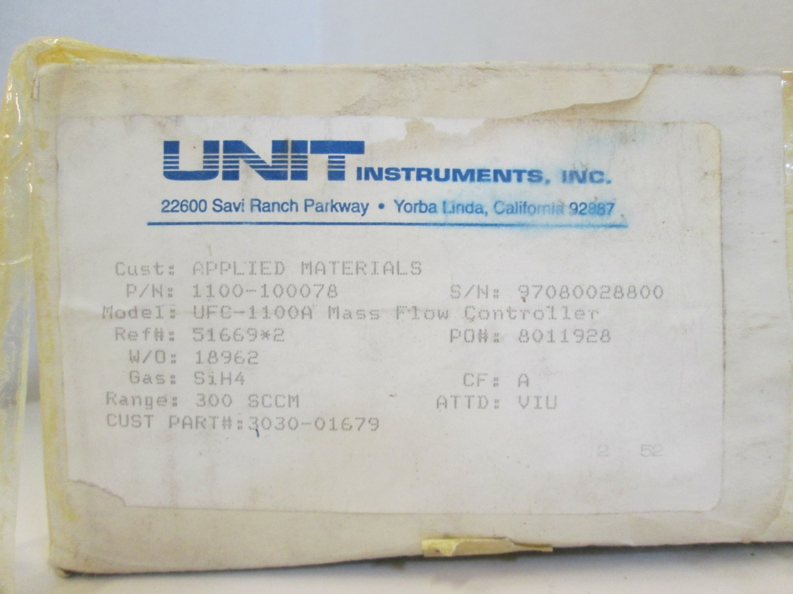 Unit UFC-1100A Mass Flow Controller SiH4, 300 SCCM, Reburbished