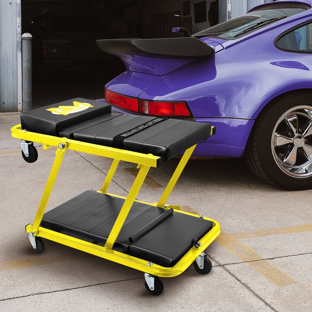 2-IN-1 48" Foldable Z Creeper Mechanics Garage Work Stool Rolling Chair Yellow