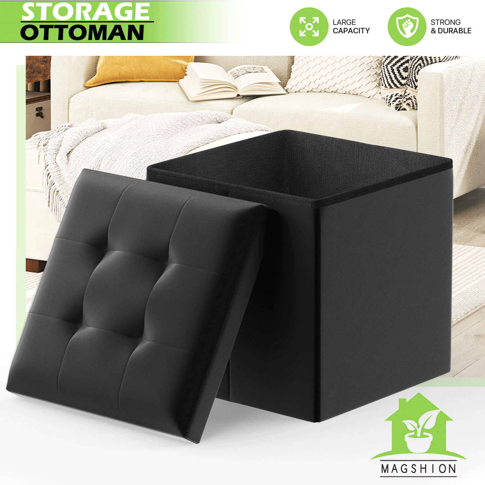 15 in Black Foldable Storage Ottoman Foot Rest Stool Bench Chest w/Flipping Lid