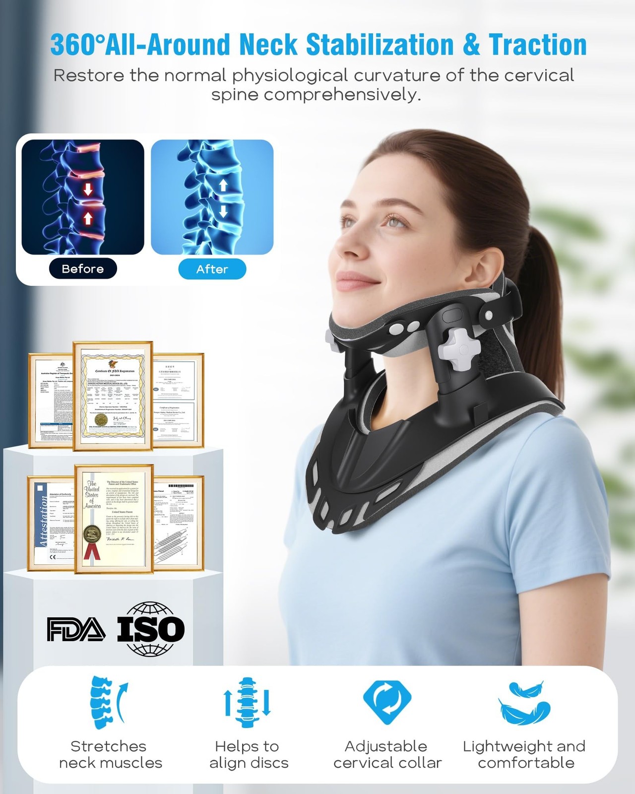 Neck Traction Device, Adjustable Cervical Neck Stretcher with 360 Degree Supp...