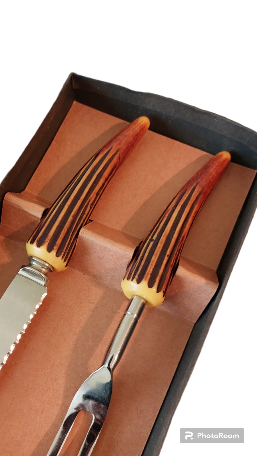 Vtg Sheffield Stainless Steel Carving Set With BakeLite Faux Antler Handles