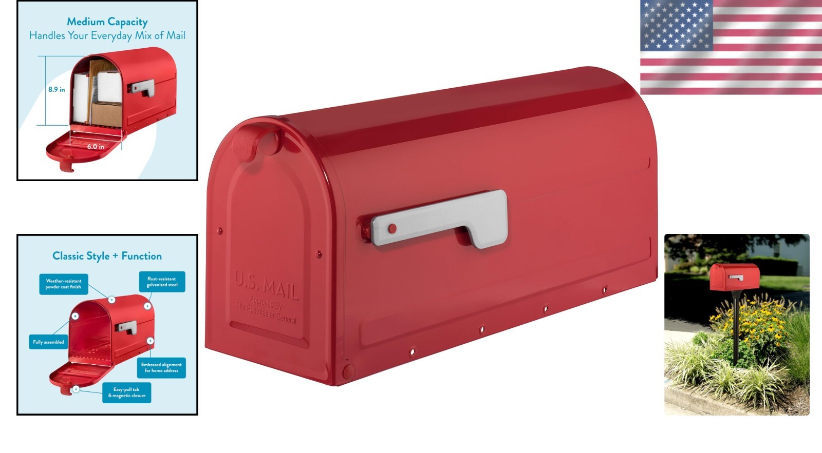 Medium Post Mount Mailbox in Bold Red - Secure Magnetic Closure & USPS Approved