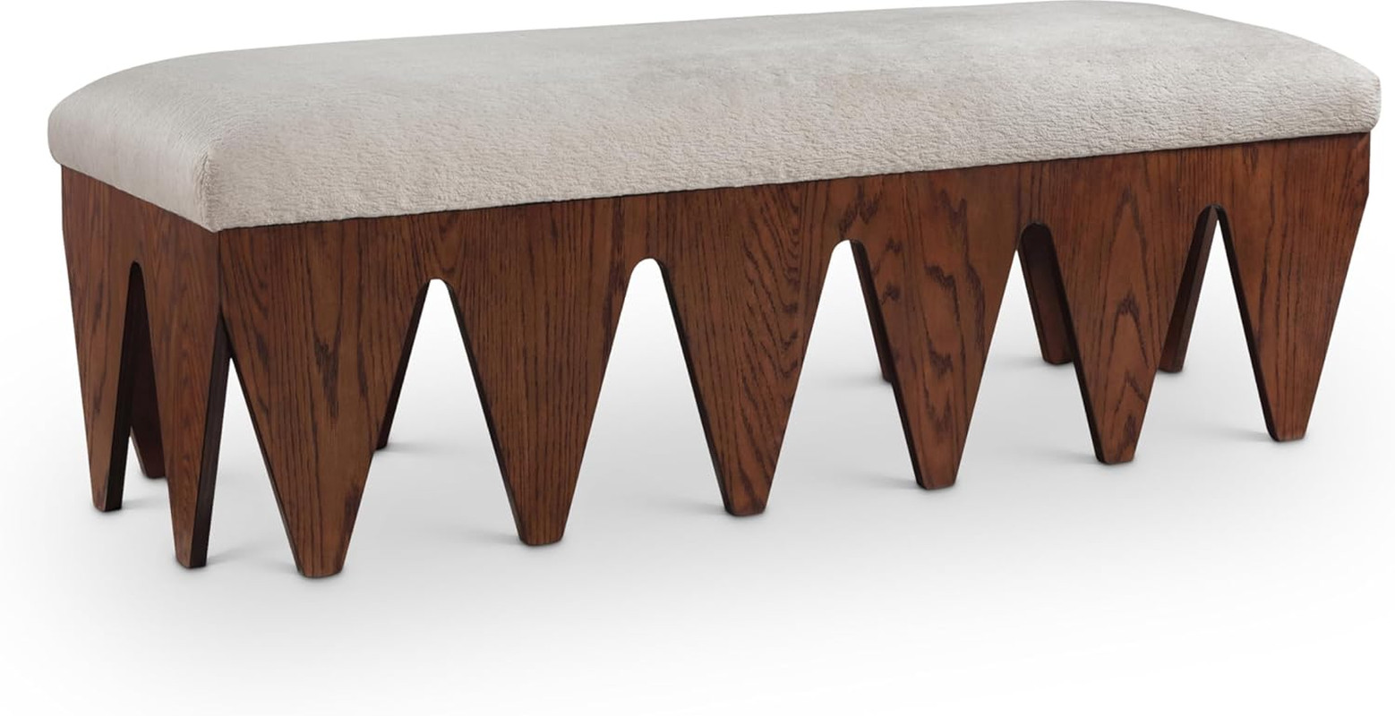 Elegant Art Deco Beige Velour Fur Bench with Walnut Finish - 55" W