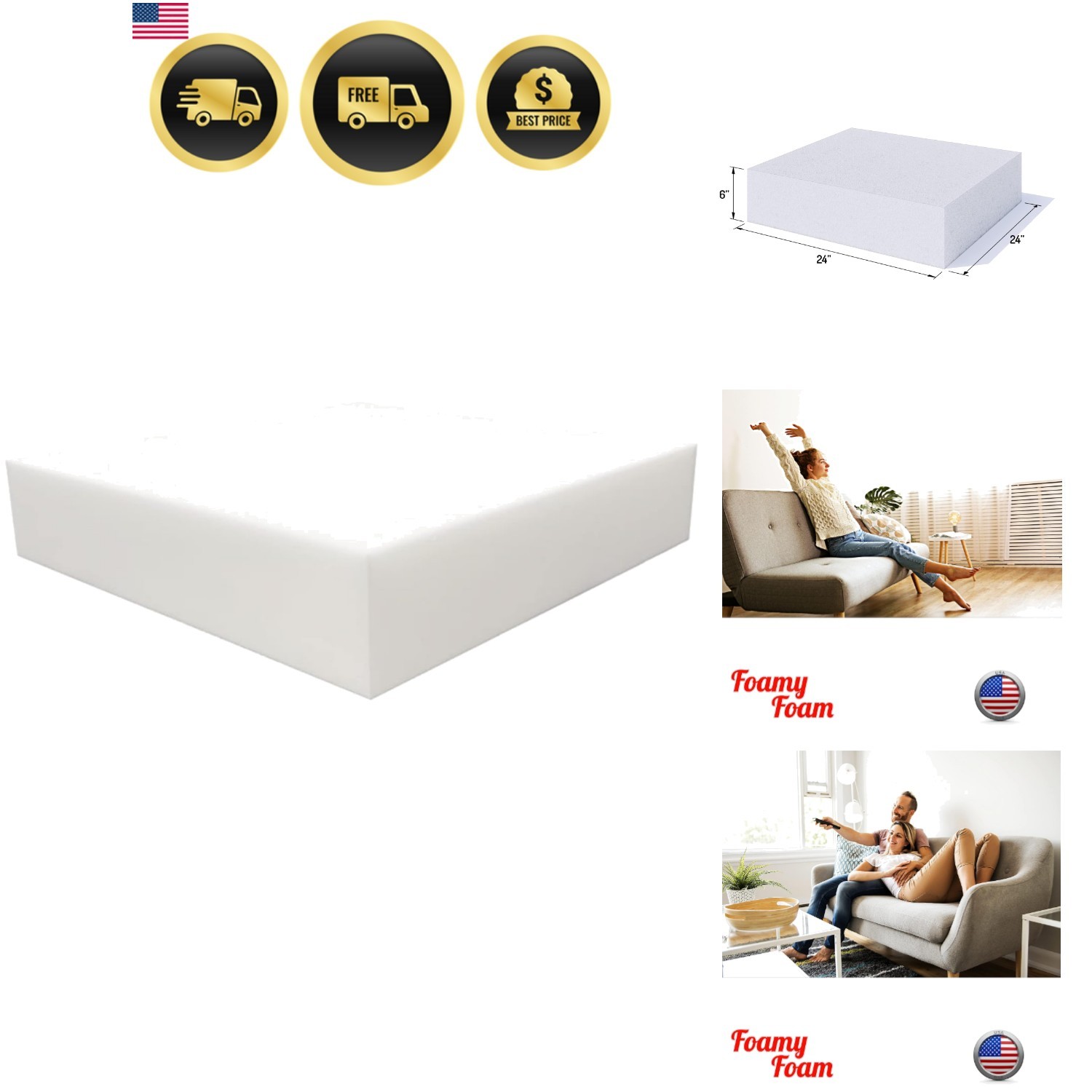 High Density 6 inch Thick, 24 inch Wide, 24 inch Long Upholstery Foam, Cushio...