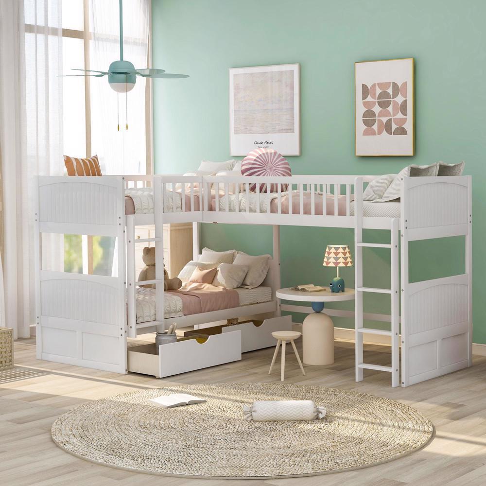 Bunk Bed With Loft Bed Home Bed Frame With Ladder Storage Twin Size White