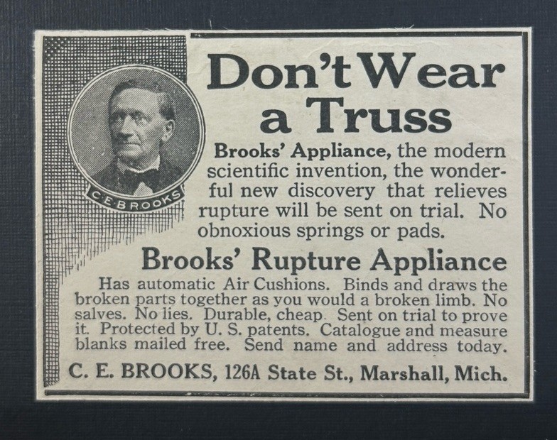 1917 BROOKS APPLIANCE 126A STATE STREET MARSHALL MICH HERNIA TREATMENT PRINT AD