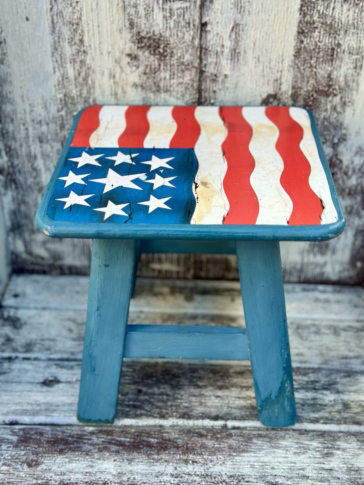 VTG Americana Theme Rustic American Flag Wood Foot/Stepping Stool Thailand