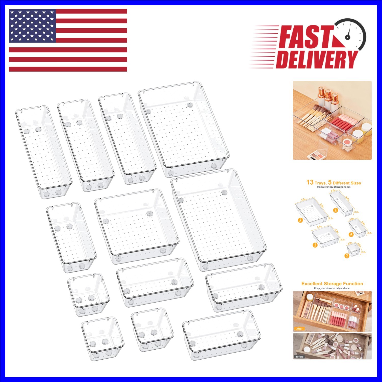 Durable and Stylish 13-Piece Plastic Drawer Organizer Set with Silicone Pads
