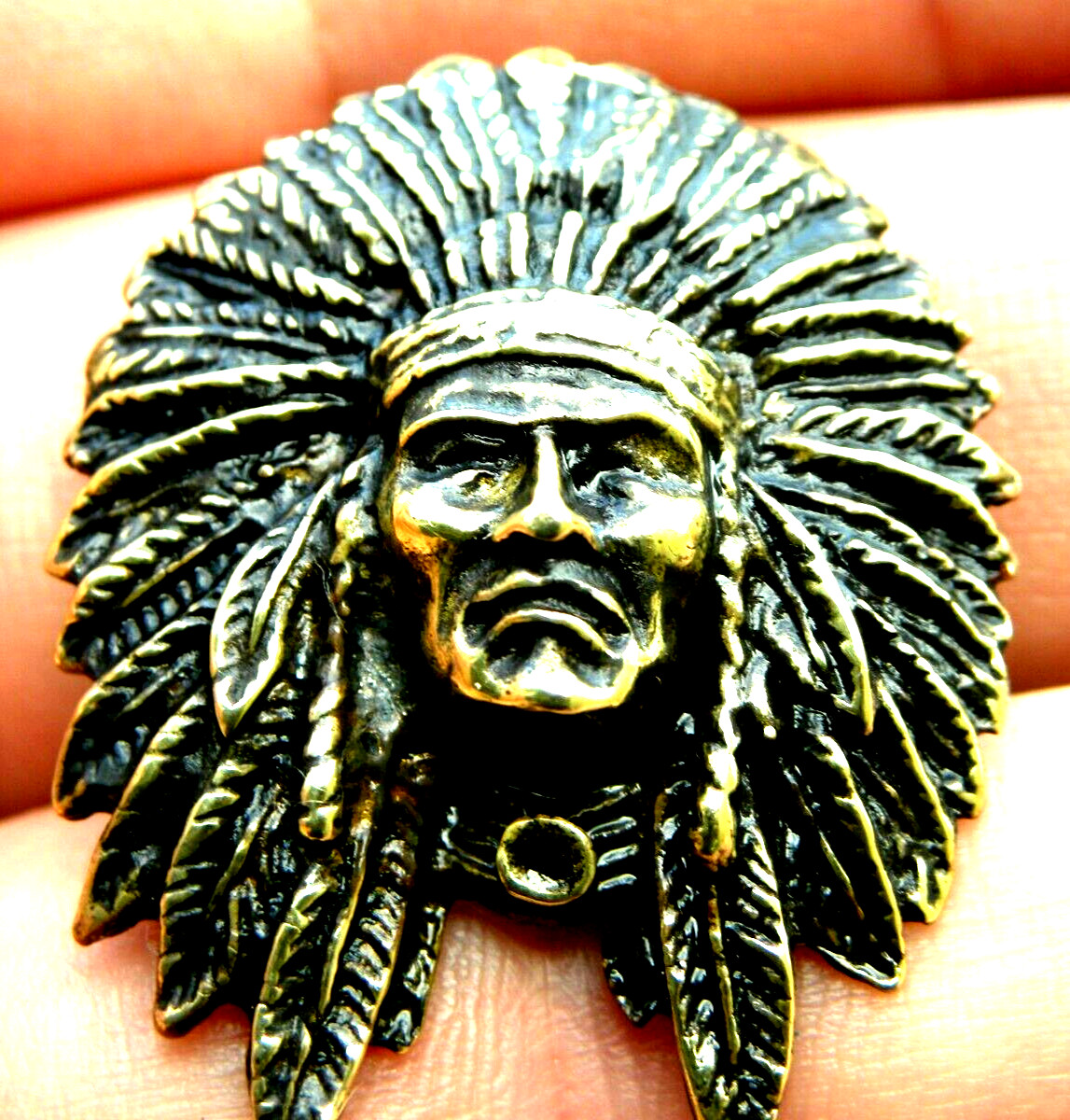 Concho leather craft accessories pendant brass Native Indian chief feather head